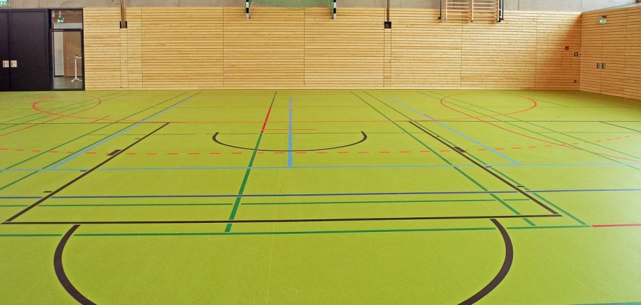 Eine Sporthalle mit einem grünen Hallenboden, auf den in verschiedenen Farben Felder eingezeichnet sind. An der Wand ist eine Holztäfelung und oben drüber Beton. An der Betonwand hängt ein grünes Fussballtor und eine Sprossenwand aus Holz.