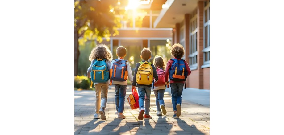 Fünf Grundschüler mit Rucksack auf dem Rücken laufen nebeneinander einen gepflasterten Weg entlang zu einem Schulgebäude. Man sieht die Rücken. 