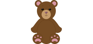 Ein brauner Teddybär sitzt auf einer weißen Fläche. Die Füsse und Ohren sind braun und rosa.