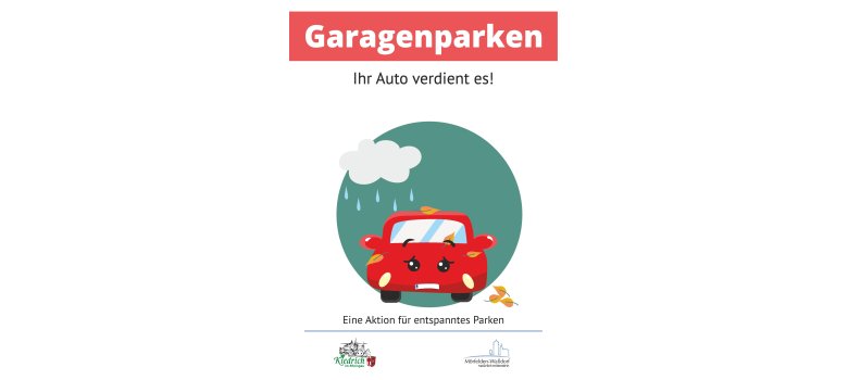 Plakat für Werbung zum Garagenparken- vor einem olivgrünem Kreis ist ein gezeichnetes rotes Auto mit dem Nummernschild als Mund und schwarze Augen und Augenbrauen. Der Blick ist bedrückt. Auf das Auto sind Blätter gefallen und es regnet aus einer Weißen Wolke auf das Auto.