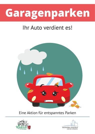 Plakat für Werbung zum Garagenparken- vor einem olivgrünem Kreis ist ein gezeichnetes rotes Auto mit dem Nummernschild als Mund und schwarze Augen und Augenbrauen. Der Blick ist bedrückt. Auf das Auto sind Blätter gefallen und es regnet aus einer Weißen Wolke auf das Auto.