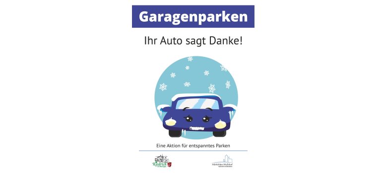 Plakat für Werbung zum Garagenparken- vor einem hellblauem Kreis ist ein gezeichnetes blaues Auto mit dem Nummernschild als Mund und schwarze Augen und Augenbrauen. Der Blick ist frierend. Das Dach, die Seitenspiegel, die Scheinwerfer und das Nummernschild ist schneebedeckt und es fallen weitere Schneeflocken.