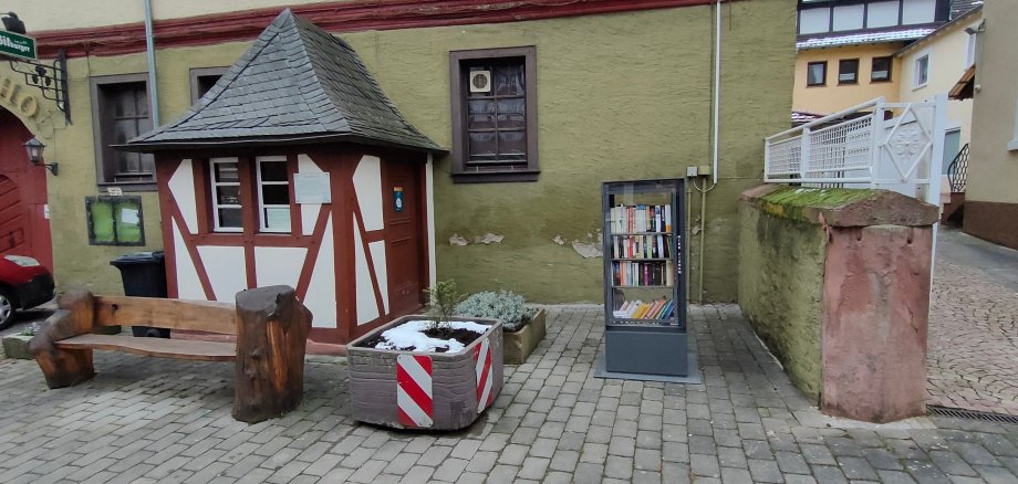 Bücherschrank aus Metall und Glas gefüllt mit Büchern.