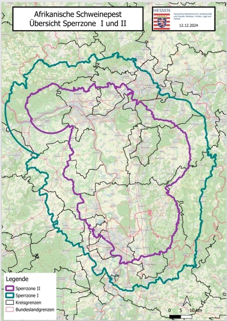 Landkarte mit Sperrzonen gegen Afrikanische Schweinepest