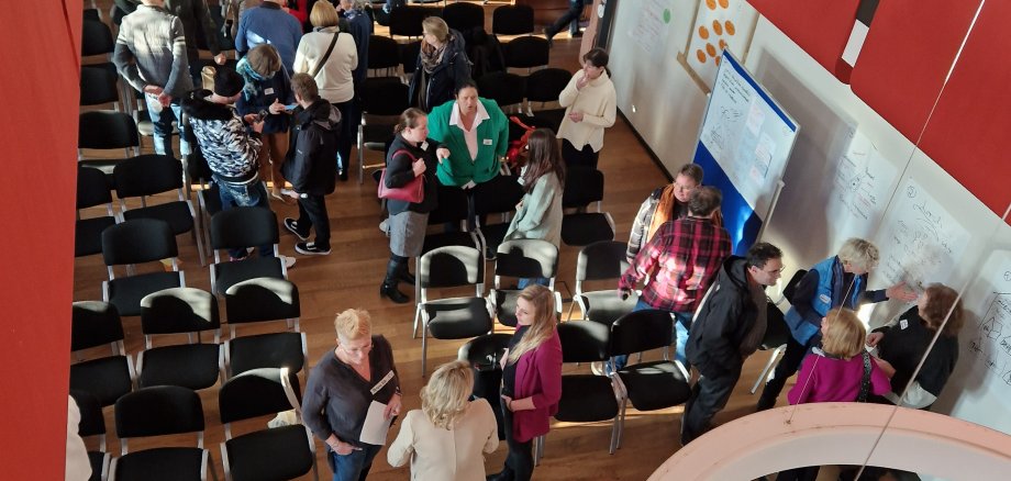 Luftbild von Teilnehmern der Zukunftswerkstatt im Saal.