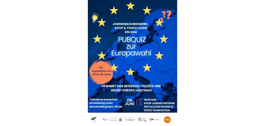 Werbeplakat Europakarte und gelbe Europasterne mit Angaben zum Quiz.