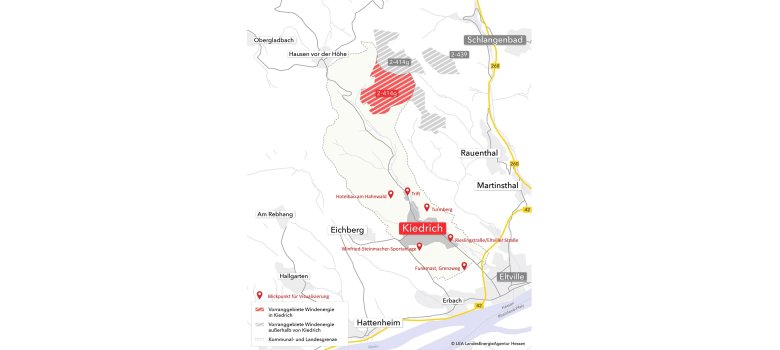 Visualisierung von Windenergieanlagen- Karte mit Ortsangaben und grau und rot schraffierten Gebieten. 